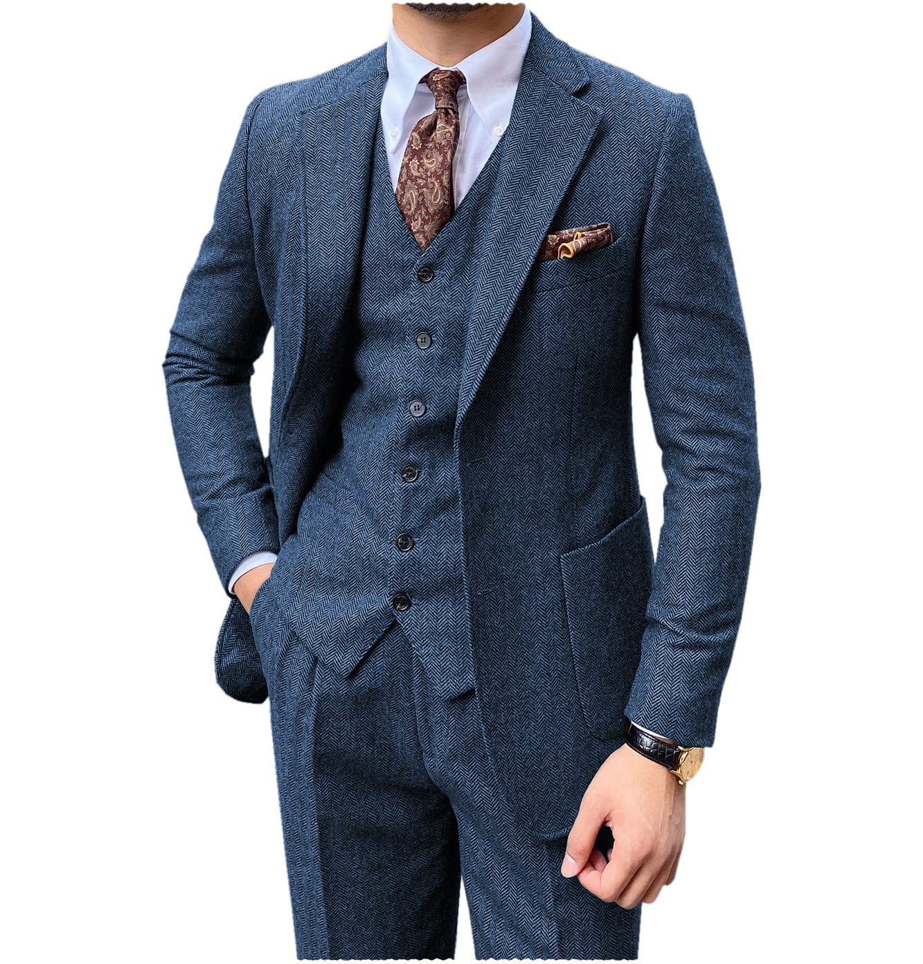 ceehuteey 3 Piece Mens Suit Herringbone Notch Lapel Tuxedos (Blazer+Vest+Pants)