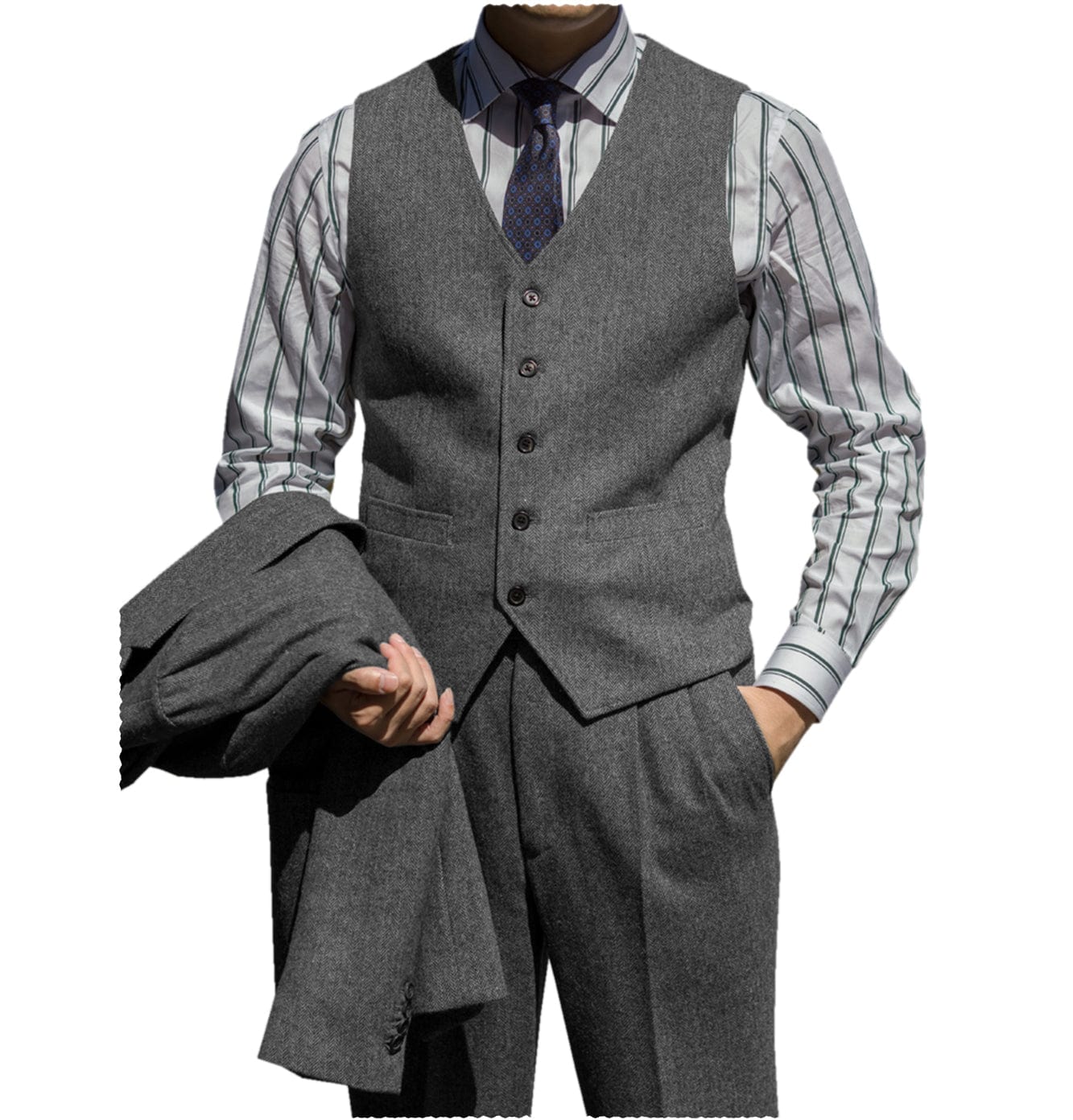 ceehuteey Classic Men‘s  Herringbone v Neck 2 Pieces（Waistcoat+Pants）