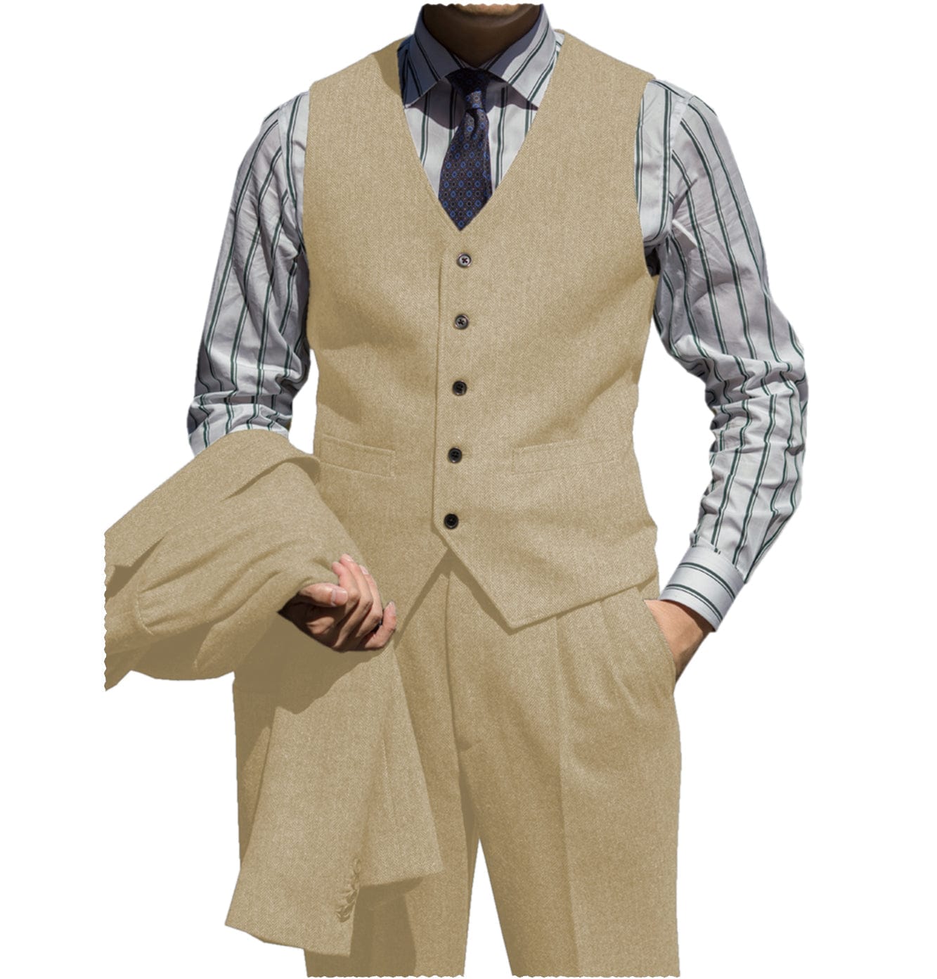 ceehuteey Classic Men‘s  Herringbone v Neck 2 Pieces（Waistcoat+Pants）