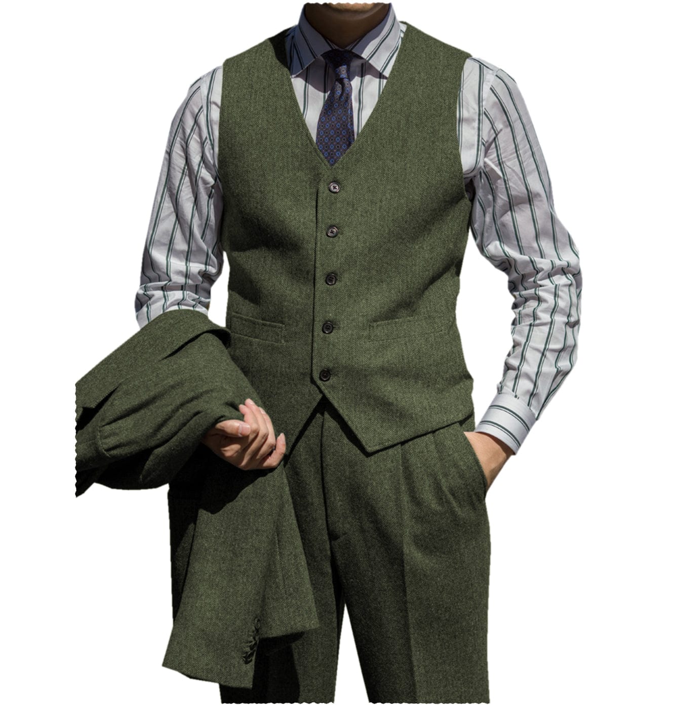 ceehuteey Classic Men‘s  Herringbone v Neck 2 Pieces（Waistcoat+Pants）