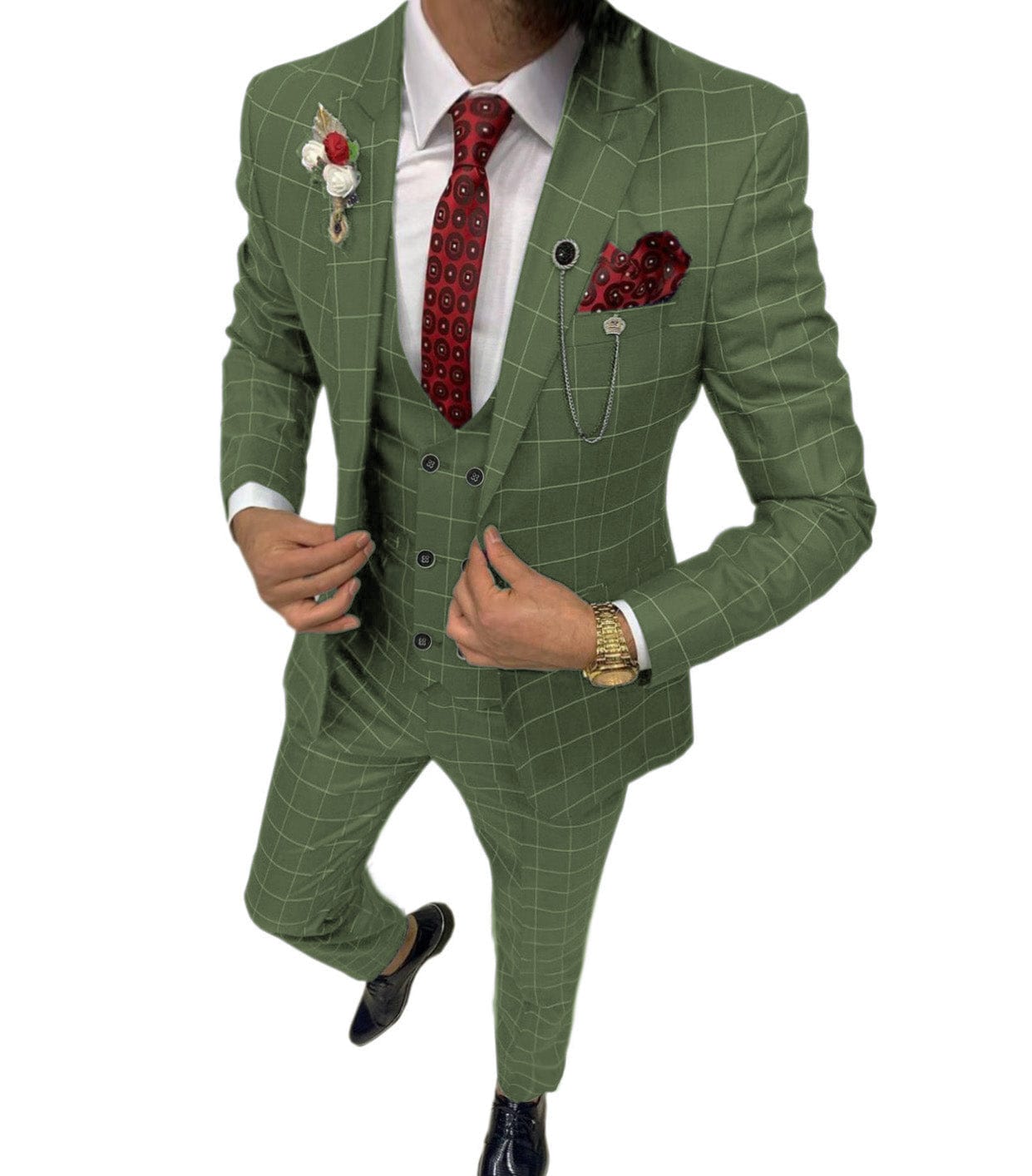 ceehuteey Formal Mens Suit 3 Pieces Check Plaid  Peak Lapel Tuxedos for Wedding (Blazer+Vest+Pants)