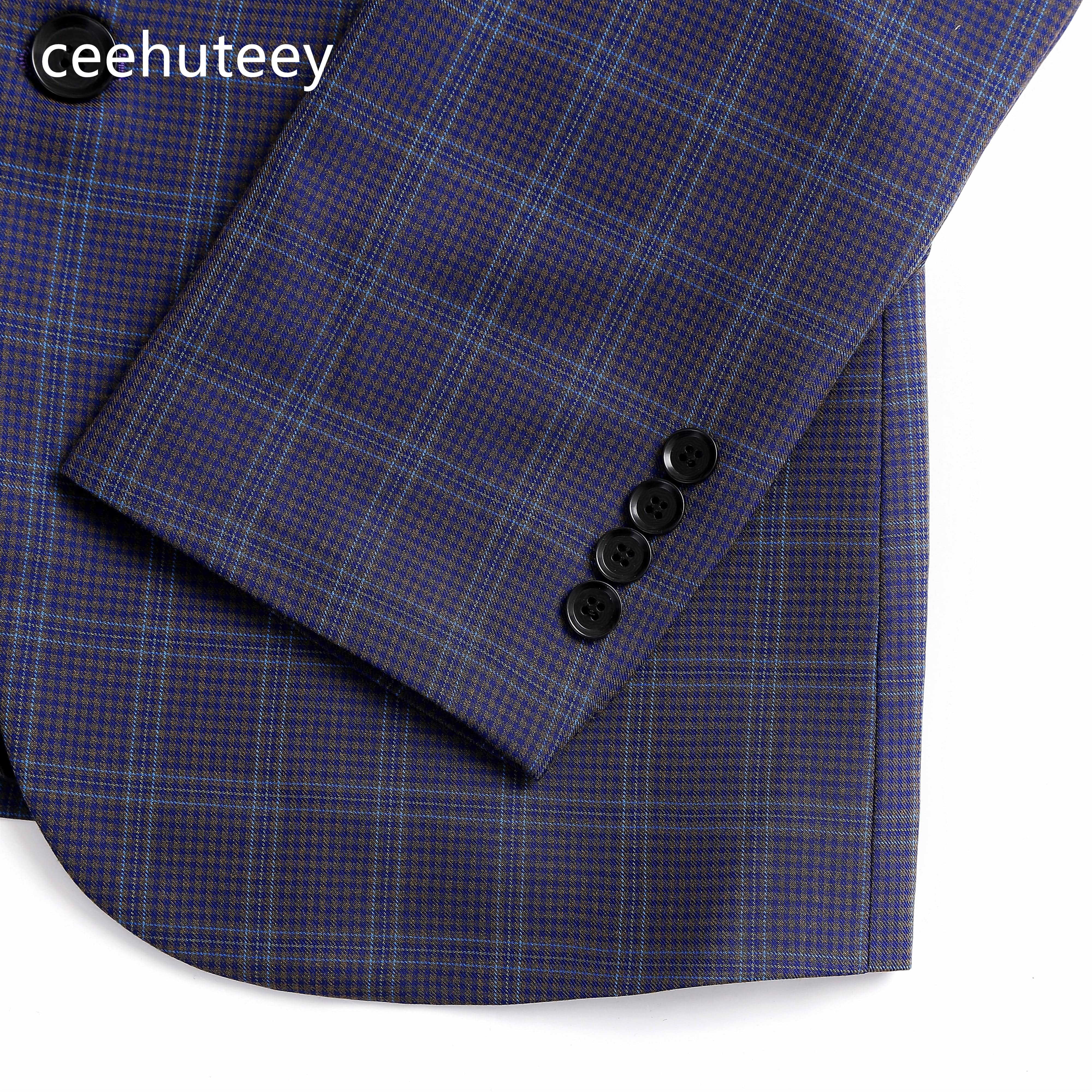 ceehuteey Formal Plaid Men's Business 3 Pieces Tweed  Notch Lapel Suit (Blazer+vest+Pants)