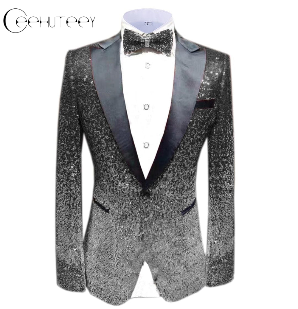 ceehuteey Men Peak Lapel Gradual Change Color Sequins Tuxedos Suit  Blazer