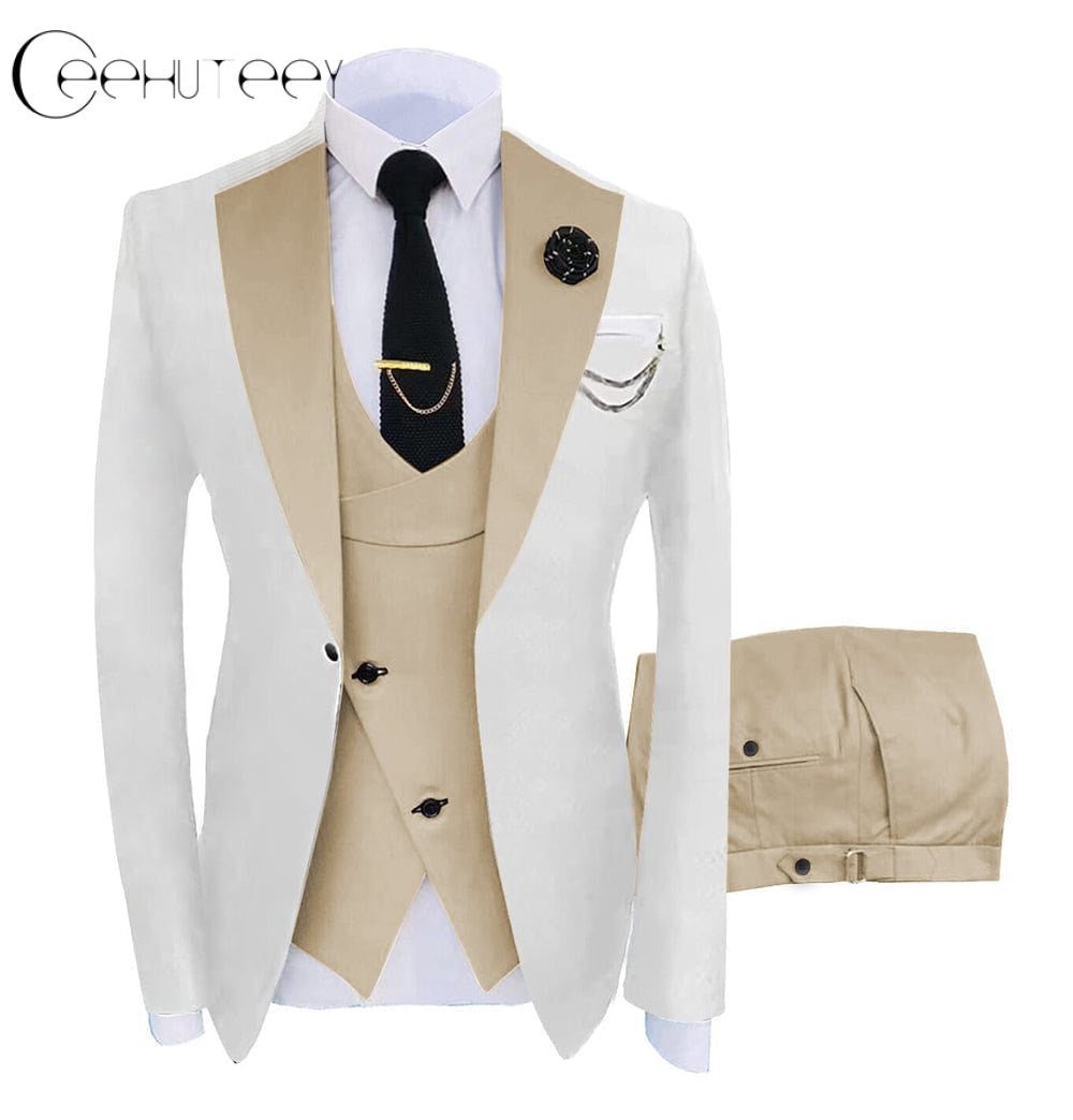 ceehuteey Men's 3 Piece Suits Slim Fit Notch Lapel Western Tuxedos (White Blazer+Vest+ Pant)