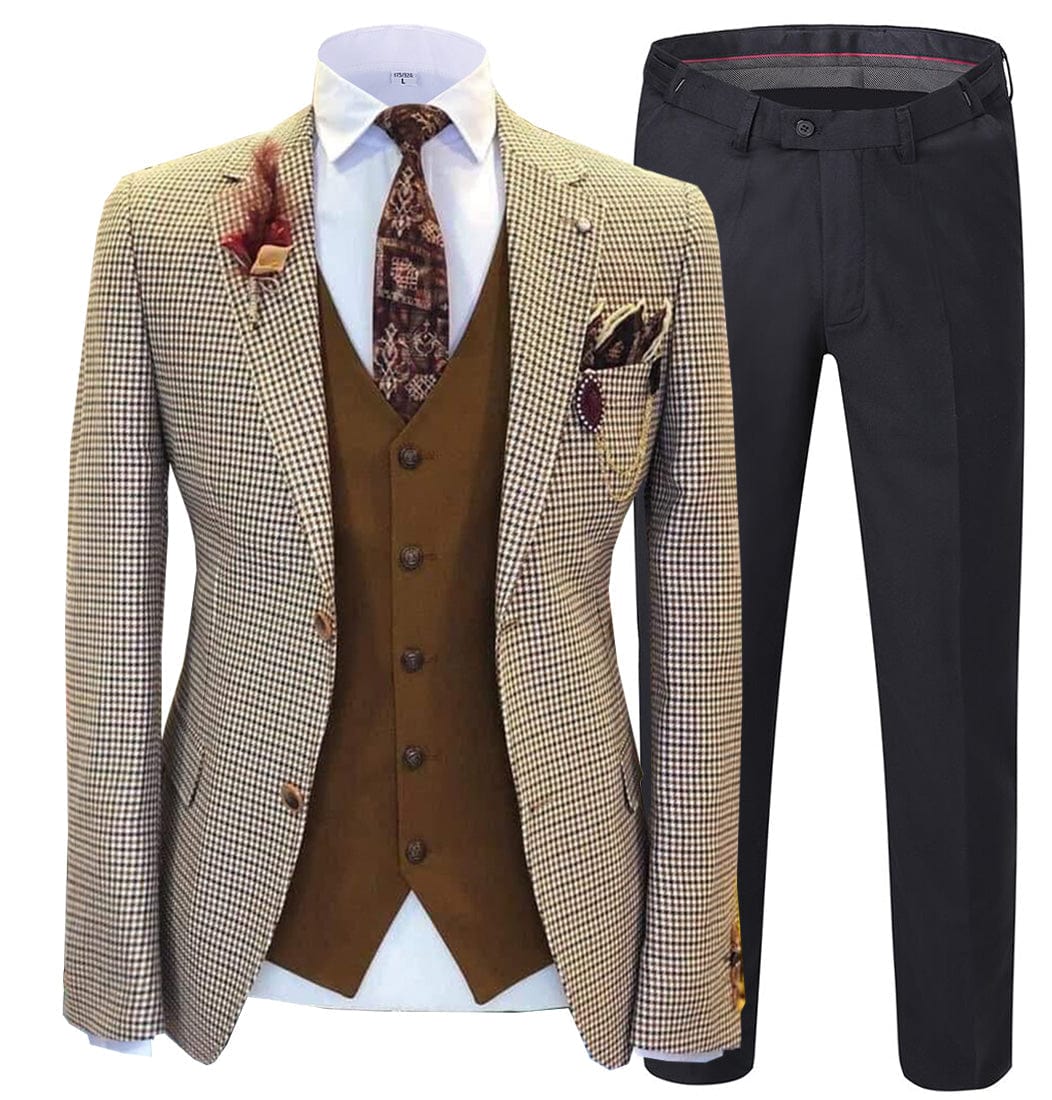 ceehuteey Men's 3 Pieces Checked Houndstooth Peak Lapel Tuxedos (Blazer+vest+Pants)