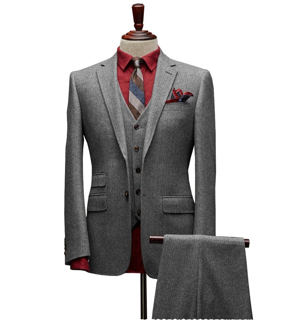 ceehuteey Men's 3 Pieces Slim Fit Tweed Classic Herringbone Notch Lapel Tuxedos (Blazer+vest+Pants)