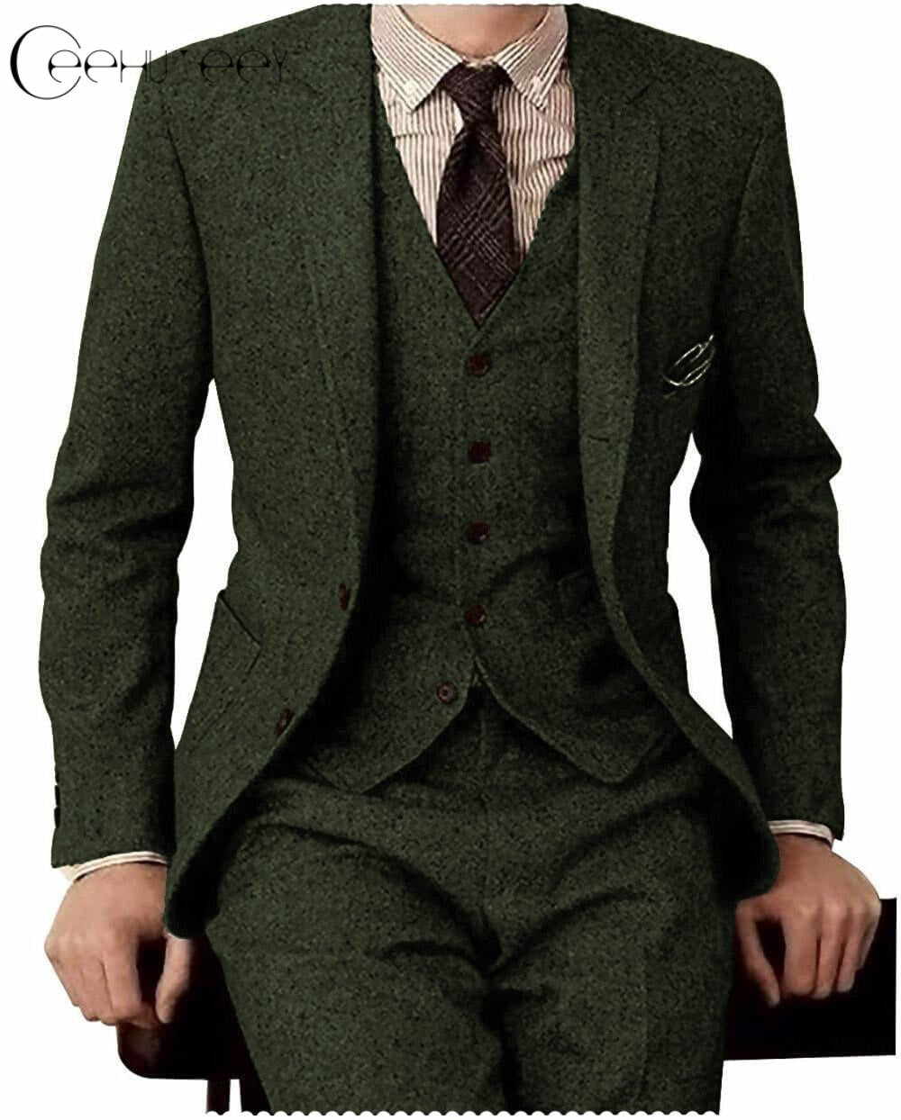 ceehuteey Men's 3 Pieces Suit Classic Tweed Notch Lapel Tuxedos Prom(Blazer+vest+Pants)