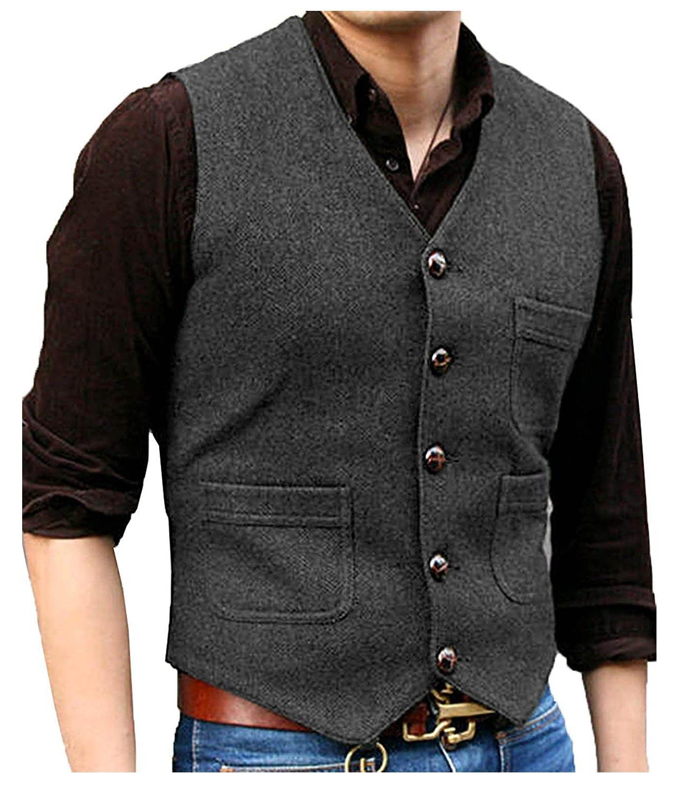 ceehuteey Men's Casual Tweed Herringbone V Neck Waistcoat