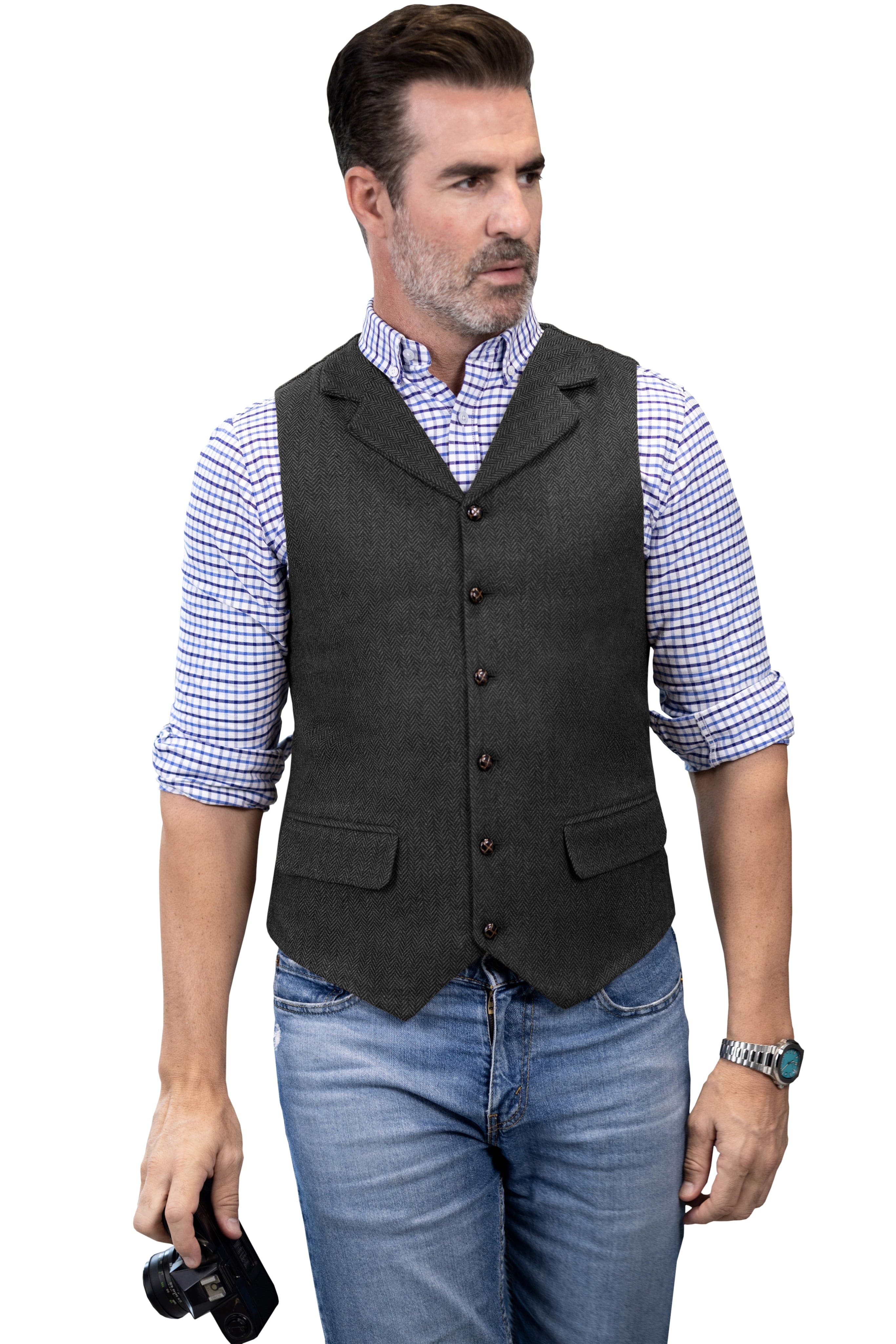 ceehuteey Men's Casual Vest Tweed Herringbone  Notch Lapel Waistcoat