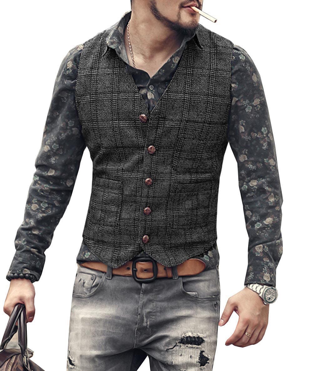 ceehuteey Men's Causual Plaid Tweed V Neck Waistcoat