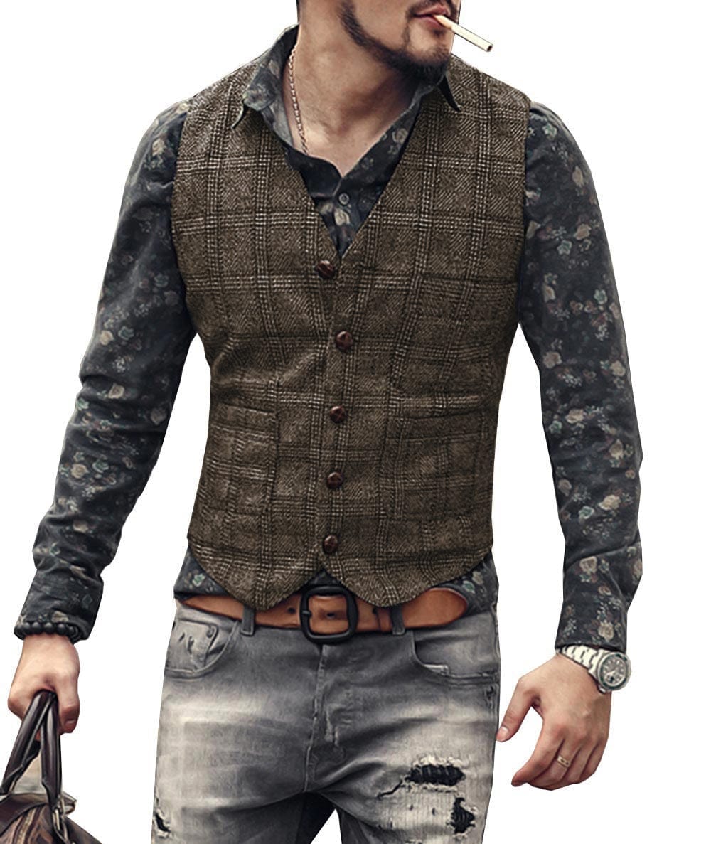 ceehuteey Men's Causual Plaid Tweed V Neck Waistcoat