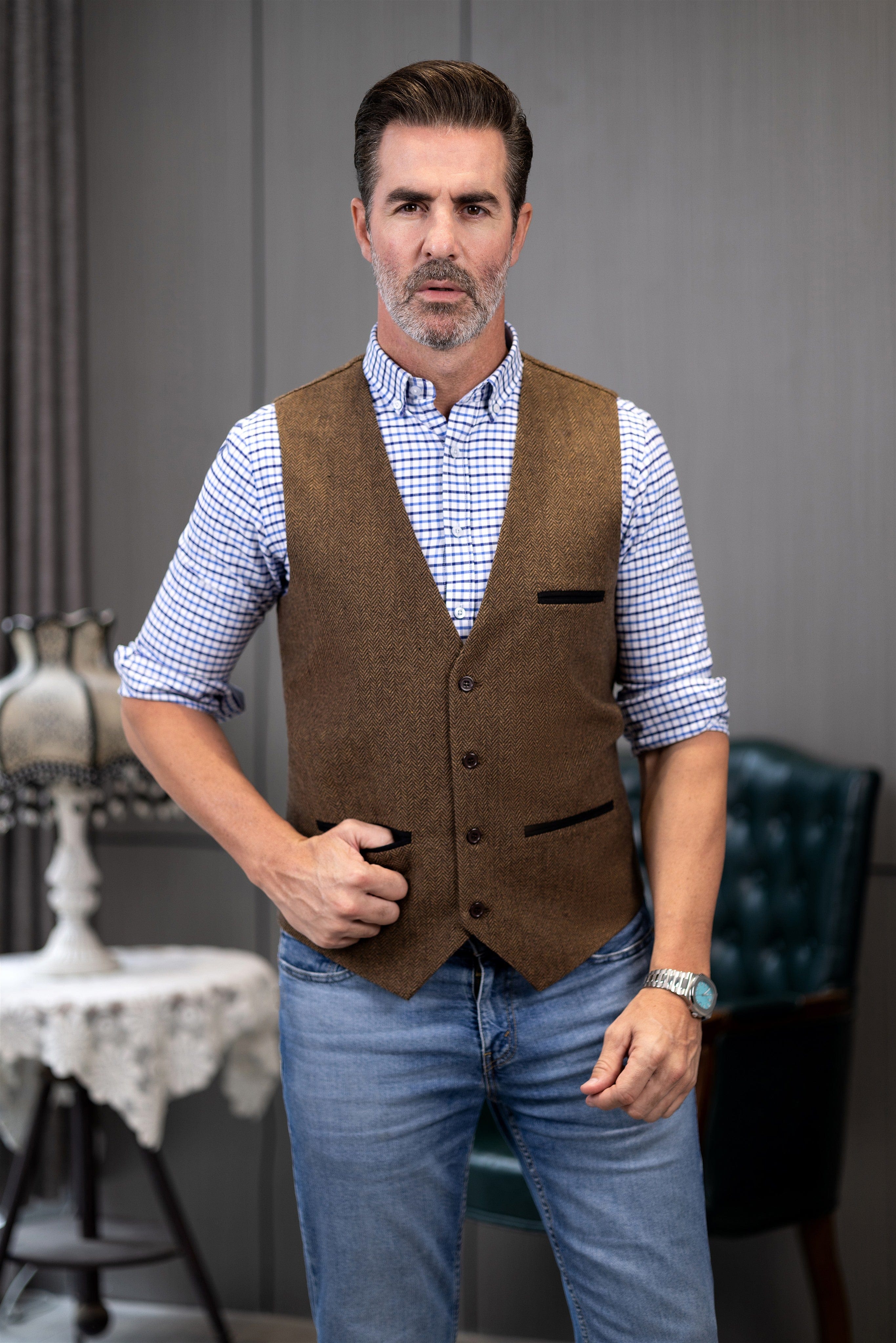 ceehuteey Men's Fashion Herringbone V Neck Waistcoat