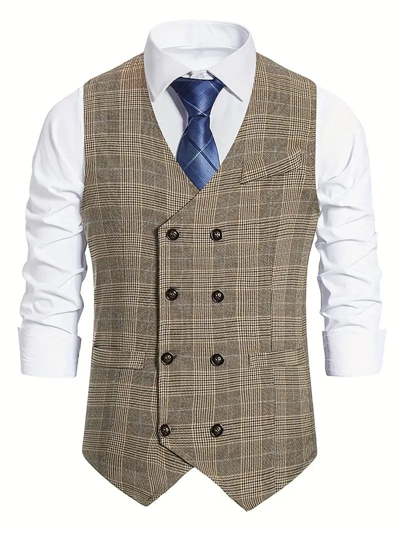 ceehuteey Men's Formal Double Breasted Plaid V Neck Waistcoat