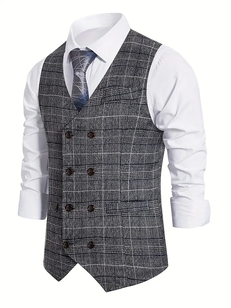 ceehuteey Men's Formal Double Breasted Plaid V Neck Waistcoat