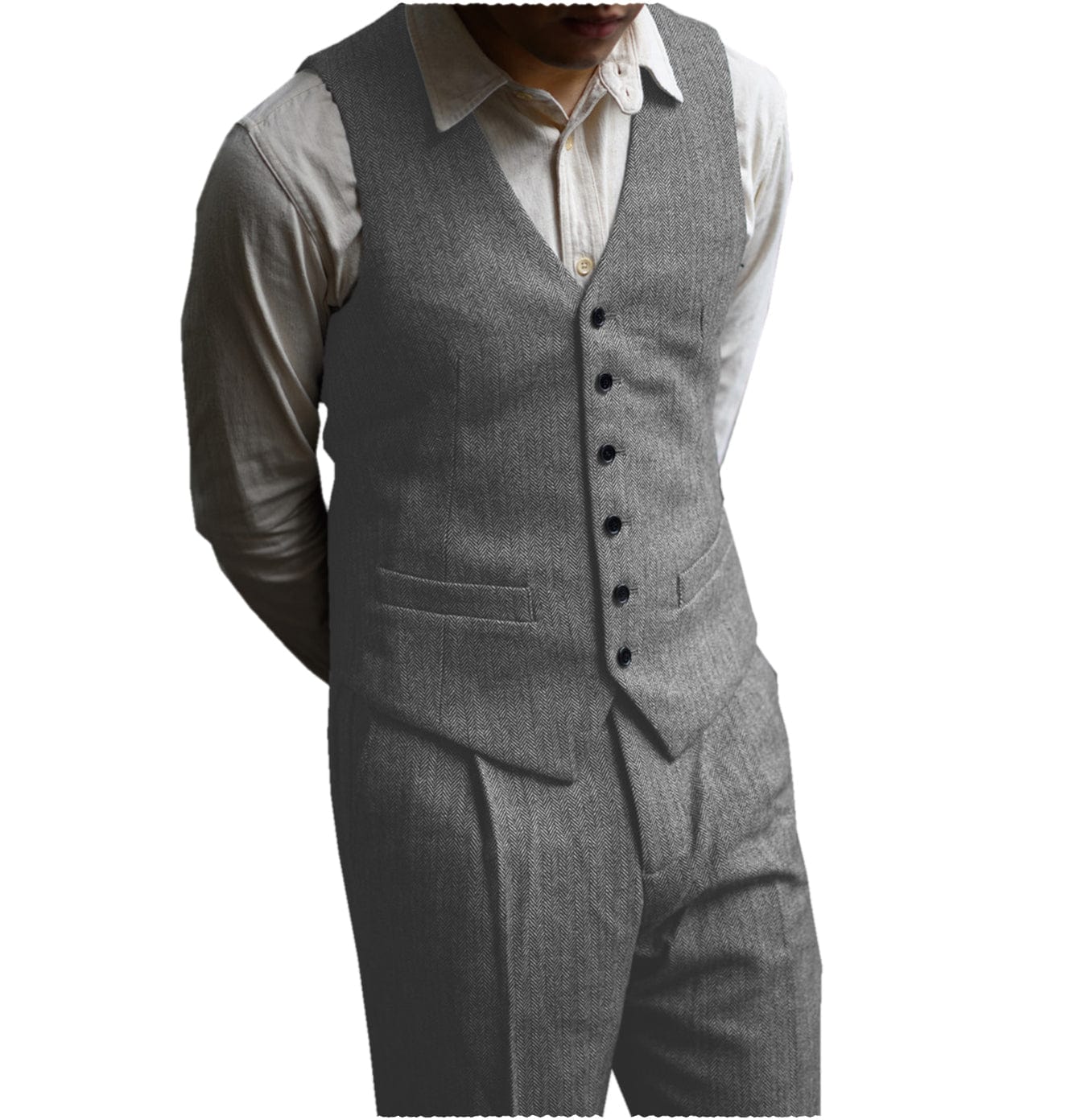 ceehuteey Men‘s Formal Herringbone v Neck 2 Pieces （Waistcoat+Pants）