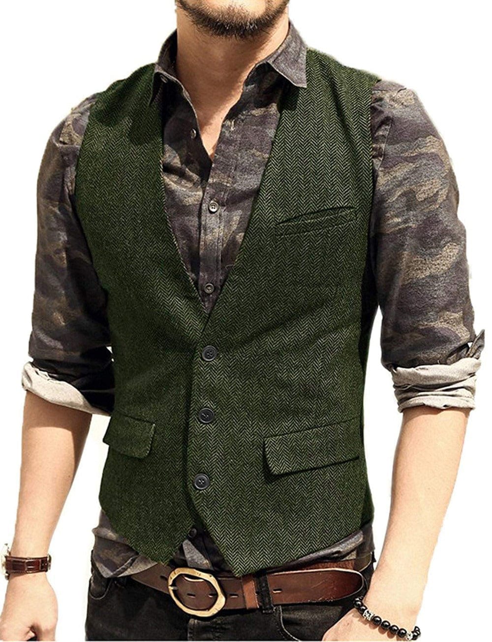 ceehuteey Men's Slim Fit Solid Herringbone V Neck Waistcoat