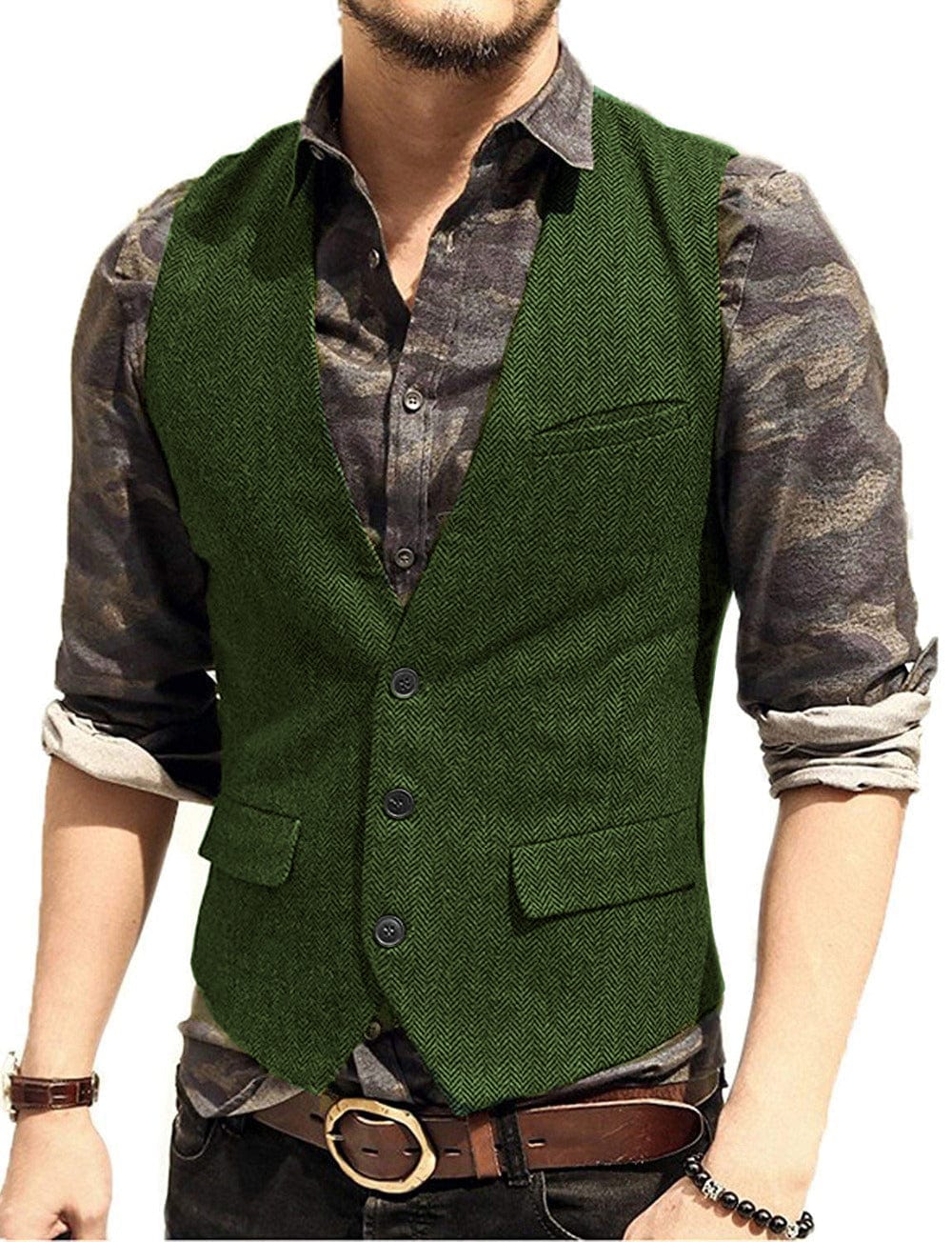 ceehuteey Men's Slim Fit Solid Herringbone V Neck Waistcoat