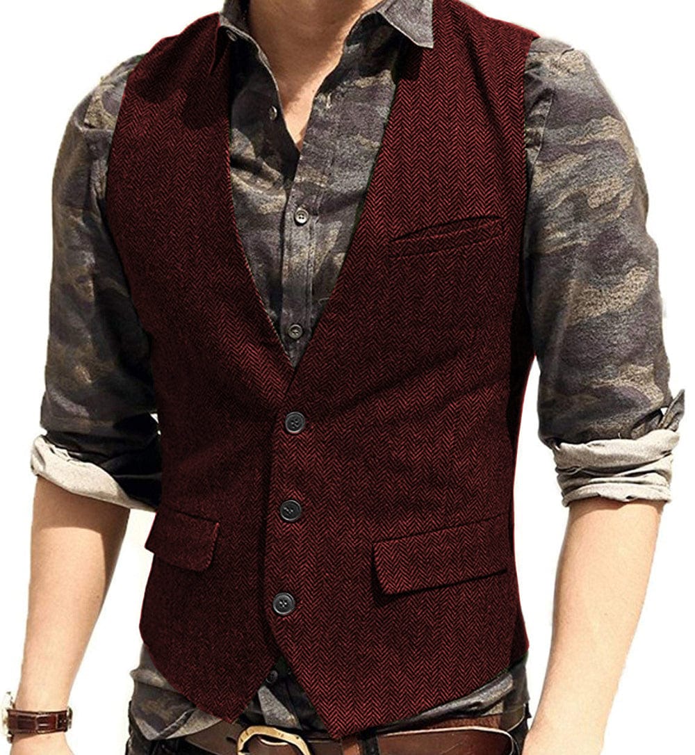 ceehuteey Men's Slim Fit Solid Herringbone V Neck Waistcoat