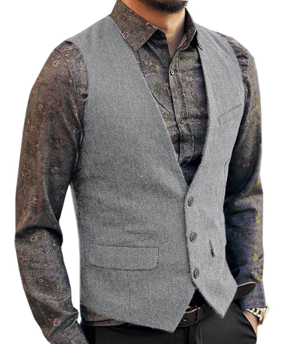 ceehuteey Men's Slim Fit Tweed Herringbone V Neck Casual Waistcoat