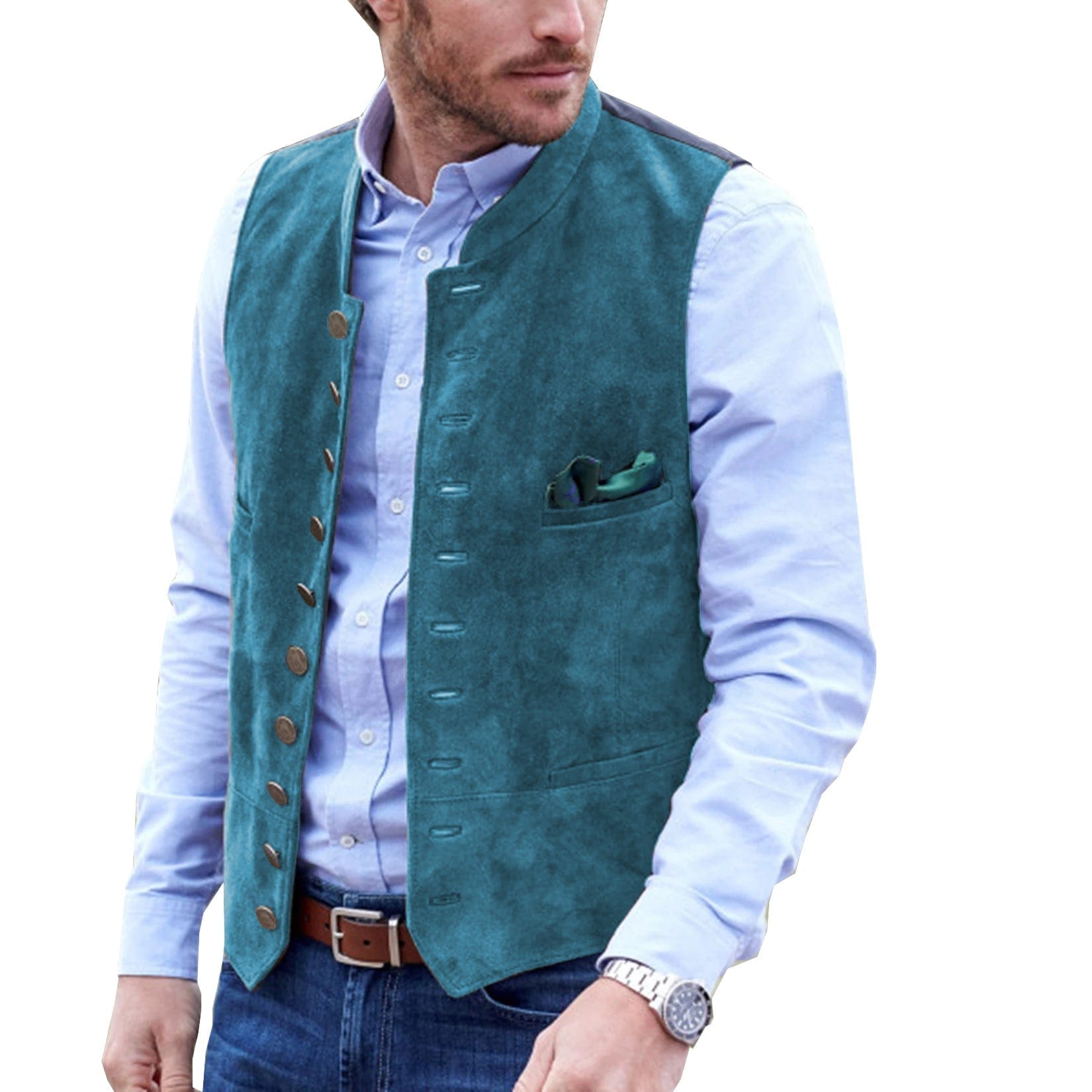 ceehuteey Men's Stand Collar Suede Fashion Waistcoat Denim Jacket