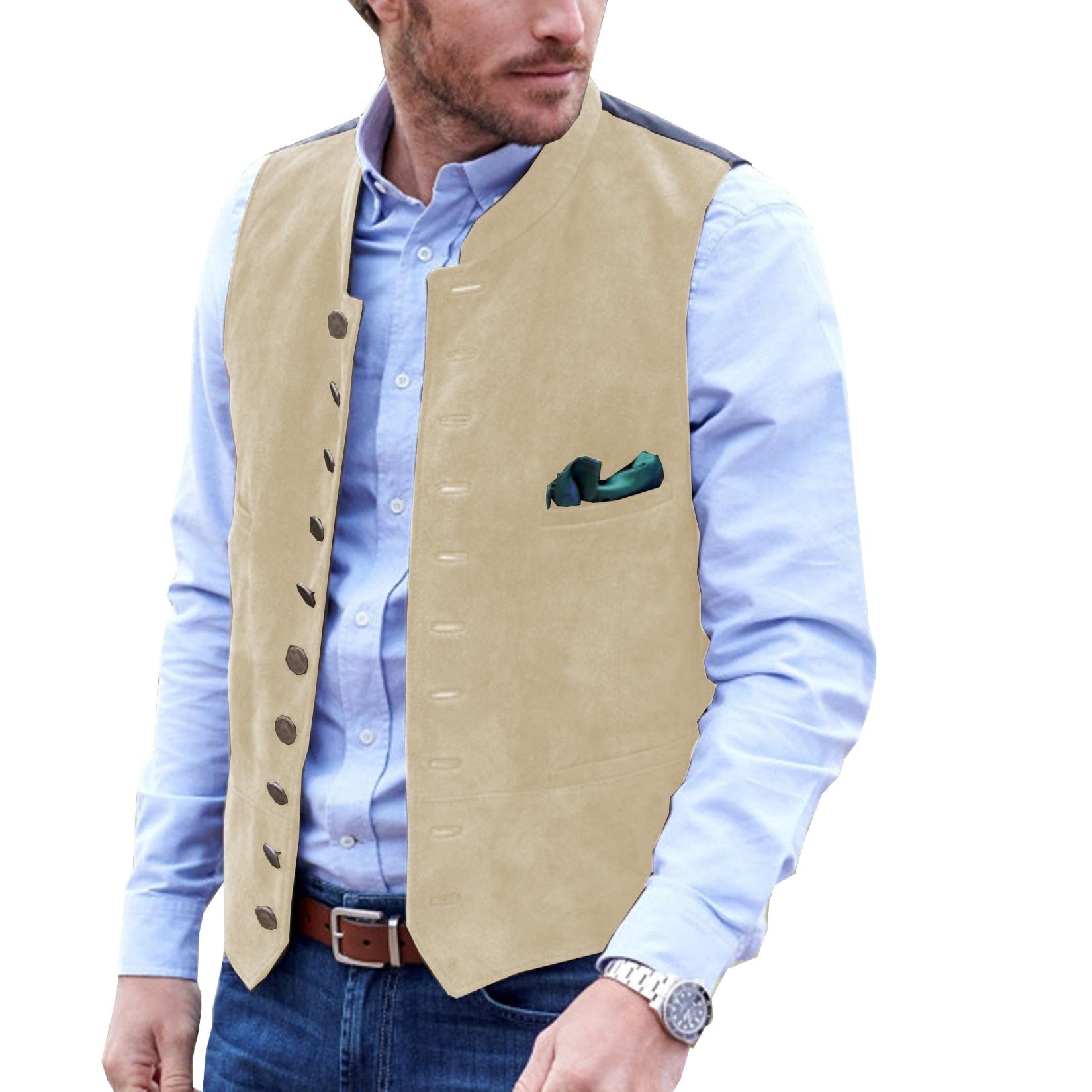 ceehuteey Men's Stand Collar Suede Fashion Waistcoat Denim Jacket