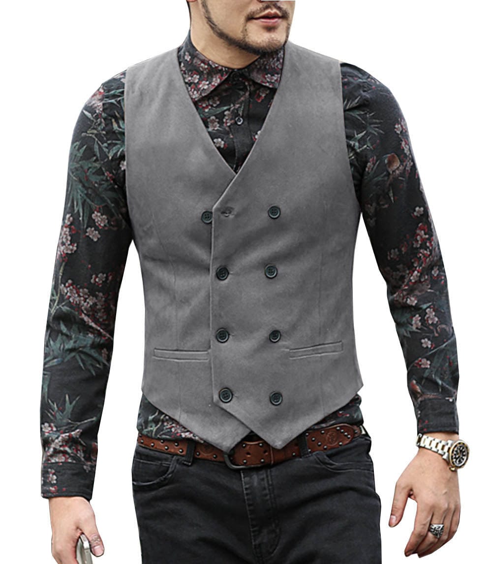 ceehuteey Men's Suede Cowboy Double Breasted Slim Fit V Neck Waistcoat