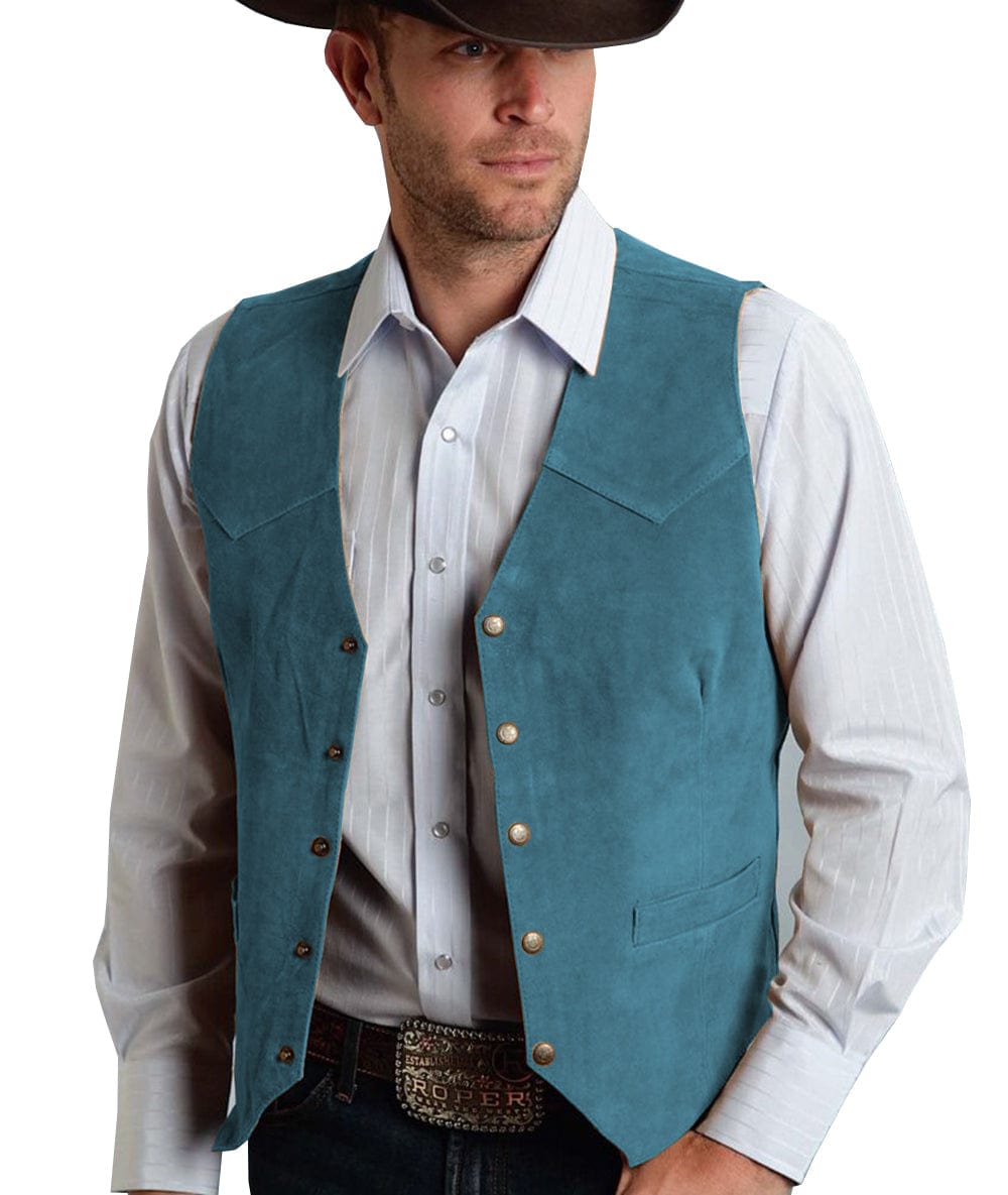 ceehuteey Men's Suede V  Denim Jacket Neck Waistcoat Denim Jacket