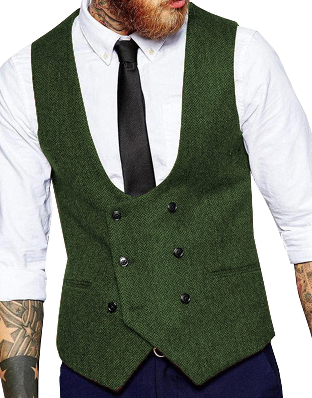 ceehuteey Men's Tweed Herringbone Double Breasted U Neck Waistcoat