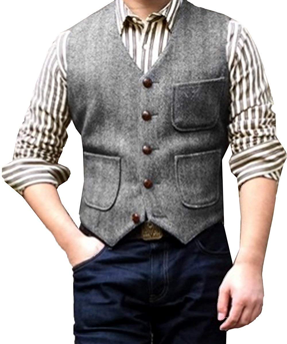 ceehuteey Men's Tweed Herringbone Vintage V Neck Waistcoat