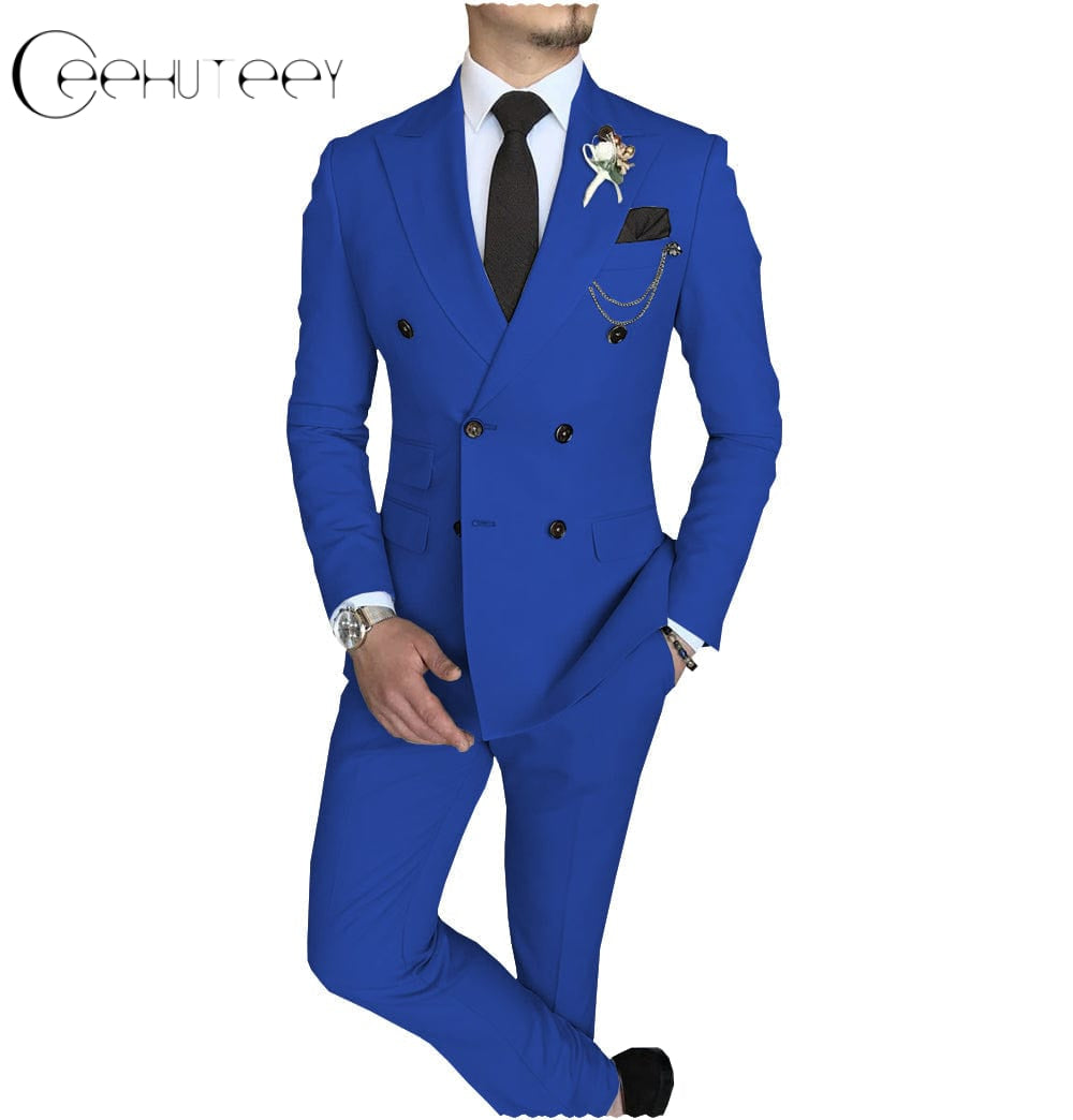 ceehuteey Mens 2 Piece Suit Slim Fit Double Breasted Peak Lapel Mens Coat (Blazer+Pants)