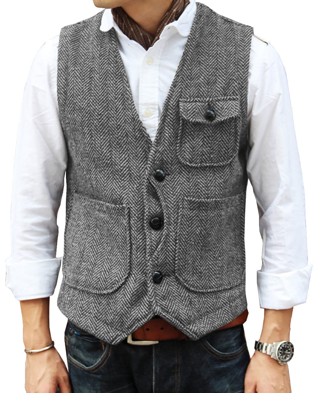 ceehuteey Mens Causual V Neck Tweed Herringbone Waistcoat