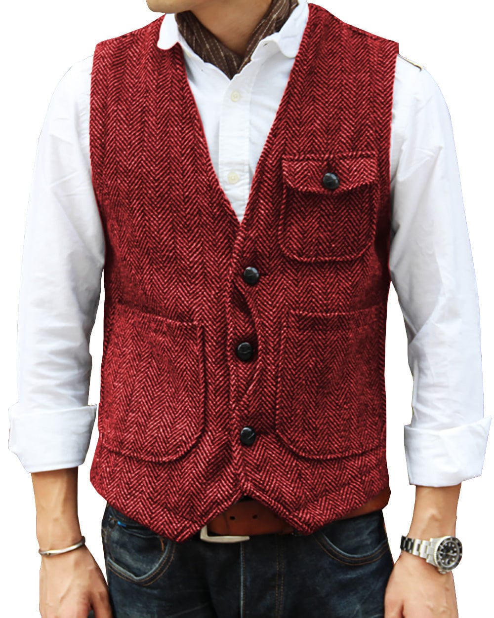 ceehuteey Mens Causual V Neck Tweed Herringbone Waistcoat