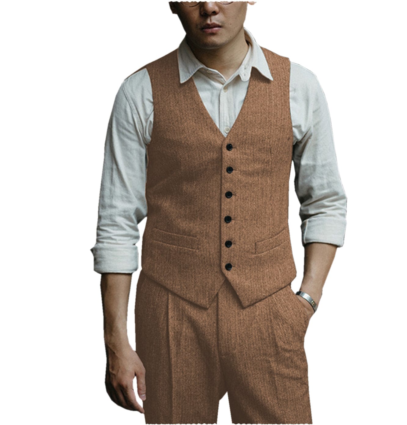 ceehuteey Mens Herringbone v Neck 2 Pieces （Waistcoat+Pants）