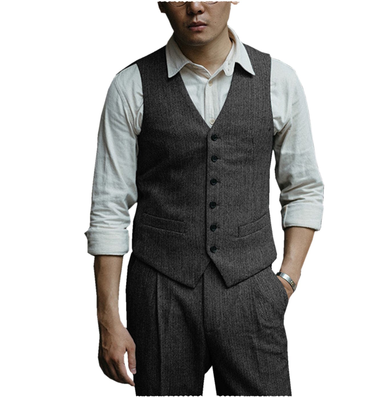 ceehuteey Mens Herringbone v Neck 2 Pieces （Waistcoat+Pants）