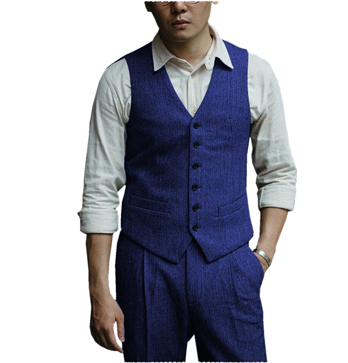 ceehuteey Mens Herringbone v Neck 2 Pieces （Waistcoat+Pants）